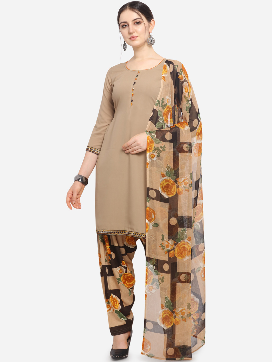 Ethnic Junction Beige & Brown Solid Unstitched Dress Material