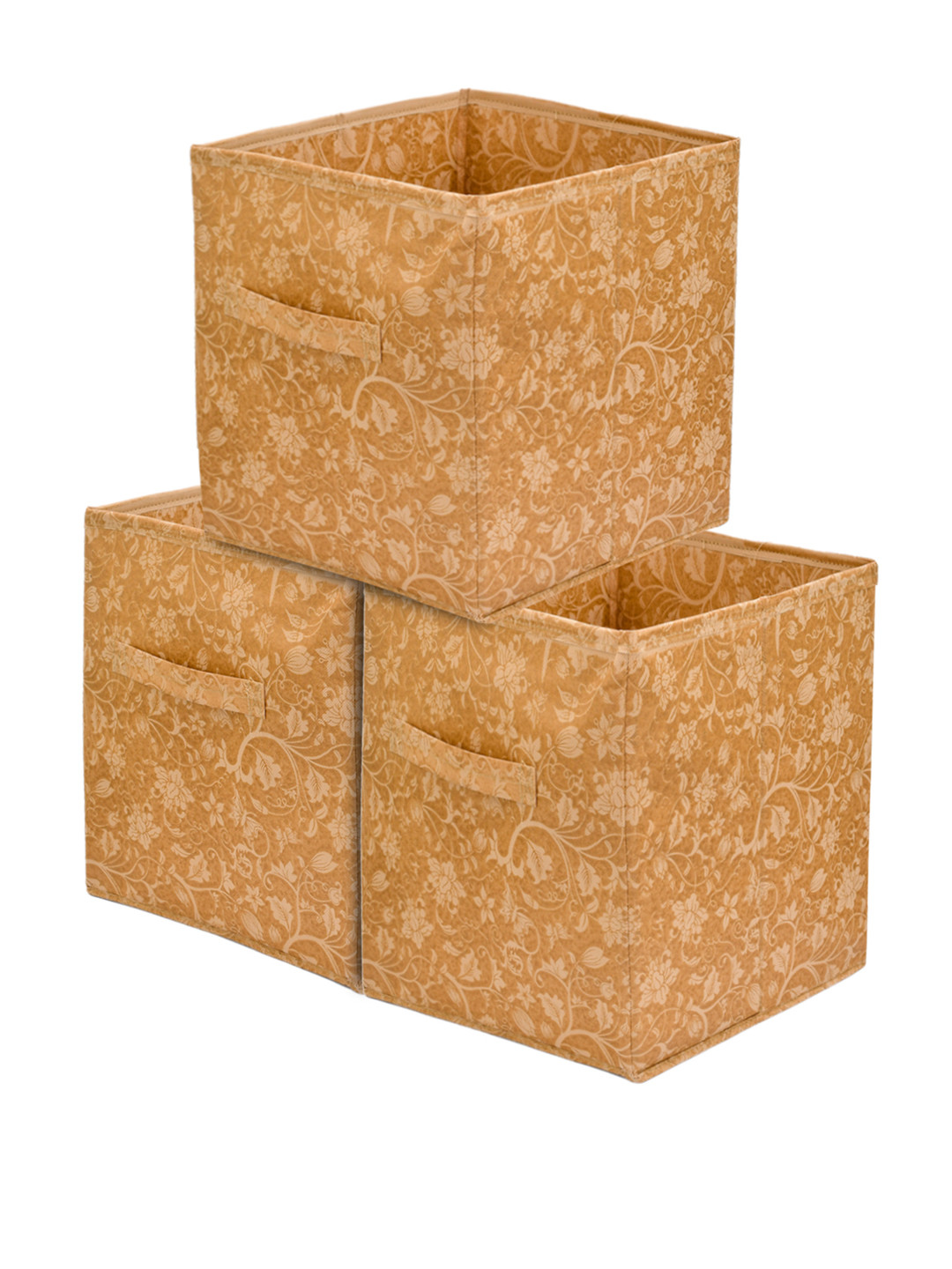 Kuber Industries Set Of 3 Beige Printed Foldable Cube Storage Boxes With Handle Replacement Drawer