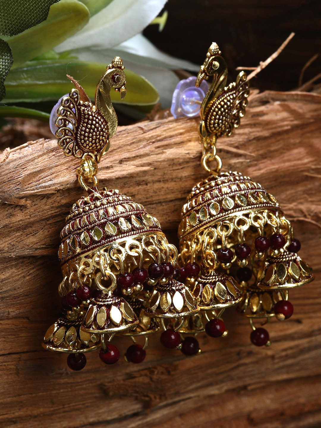 ANIKAS CREATION Gold-Toned & Brown Dome Shaped Jhumkas