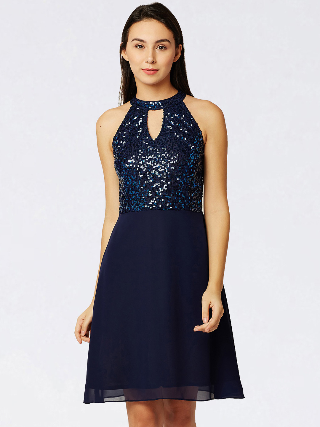 Miss Chase Women Navy Blue Embellished Fit and Flare Skater Dress