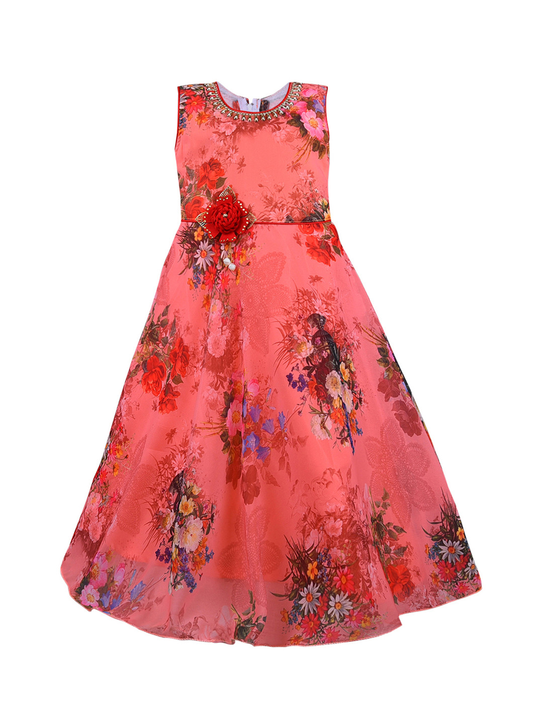 Wish Karo Girls Pink & Red Printed Maxi Dress