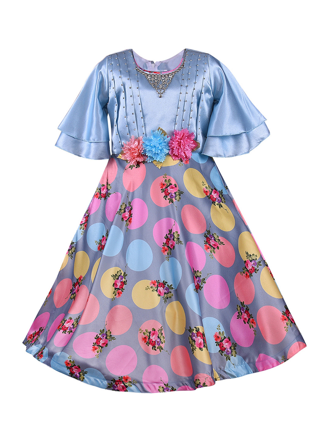 Wish Karo Girls Blue & Pink Printed Fit and Flare Dress