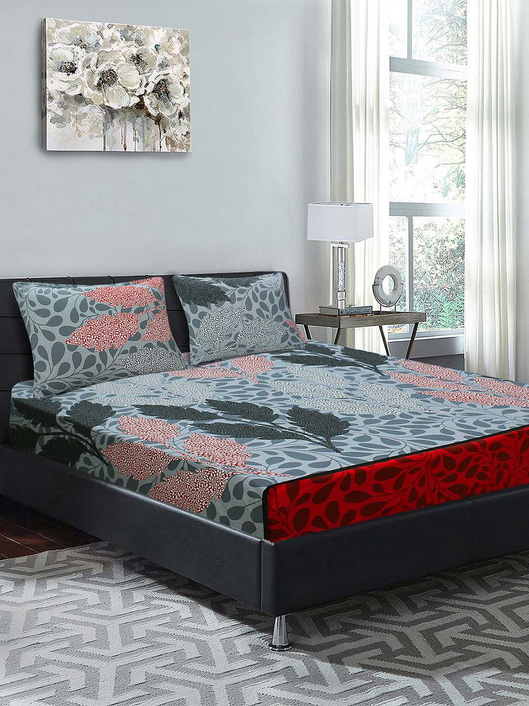 Good Homes by Home Candy Grey & Black Floral 144 TC Cotton 1 King Bedsheet with 2 Pillow Covers