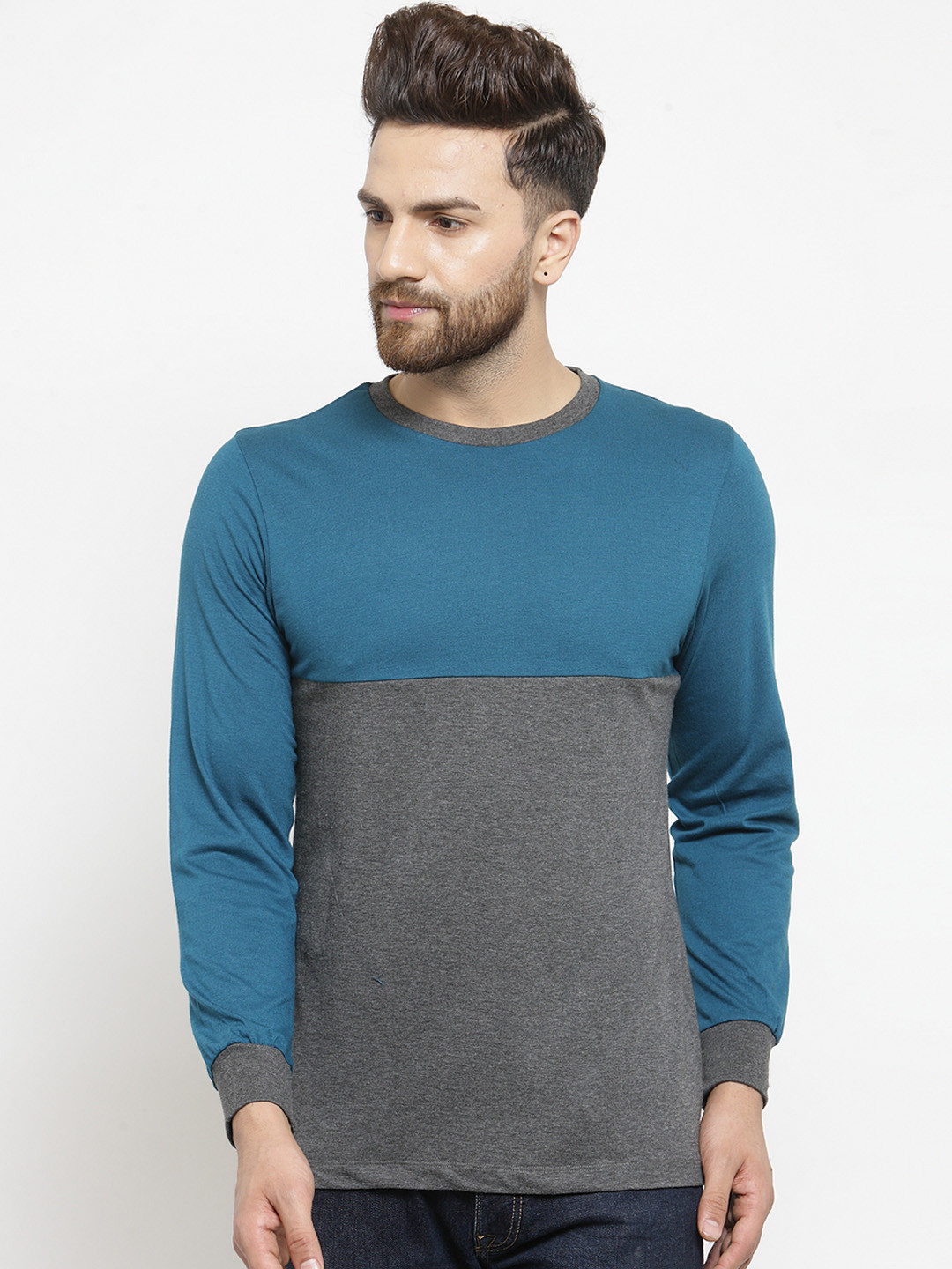 Kalt Men Teal Blue & Grey Melange Colourblocked Round Neck T-shirt