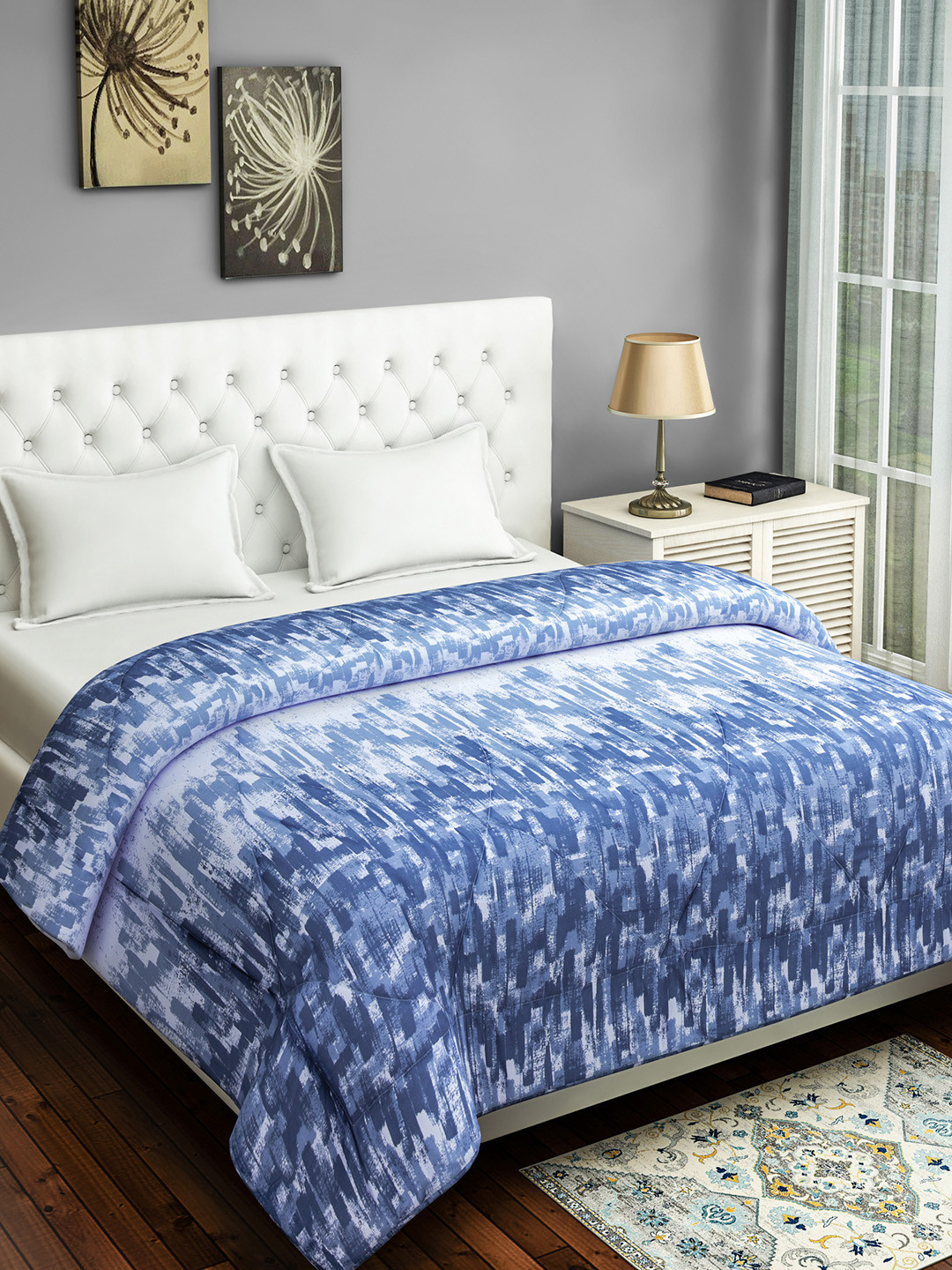 SWAYAM White & Blue Floral AC Room 150 GSM Double Bed Comforter