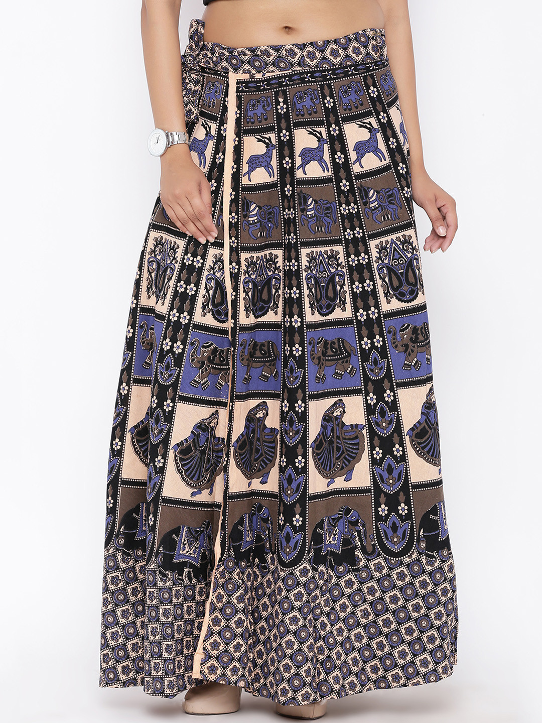SOUNDARYA Women Beige & Blue Printed Wrap-Around Maxi Skirt