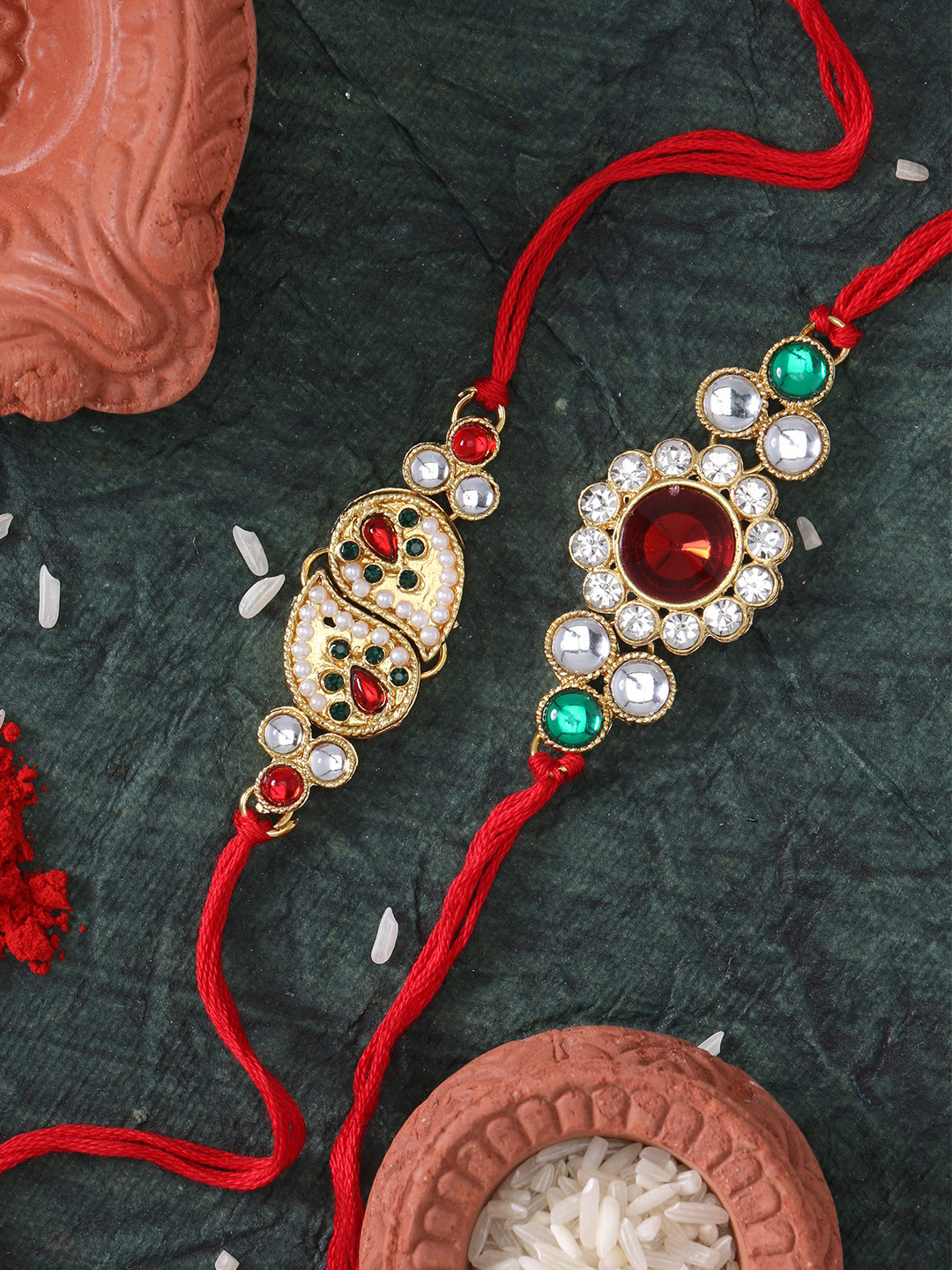 LIVE EVIL Set of 2 Gold Plated Kundan Work Rakhi with Raksha Bandhan Greeting Card