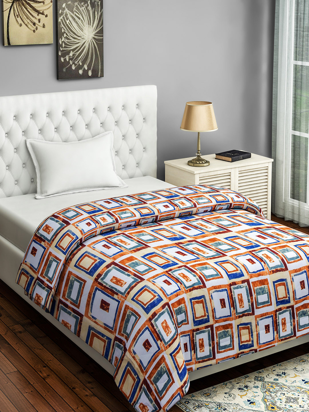 SWAYAM White & Blue Geometric AC Room 150 GSM Single Bed Comforter