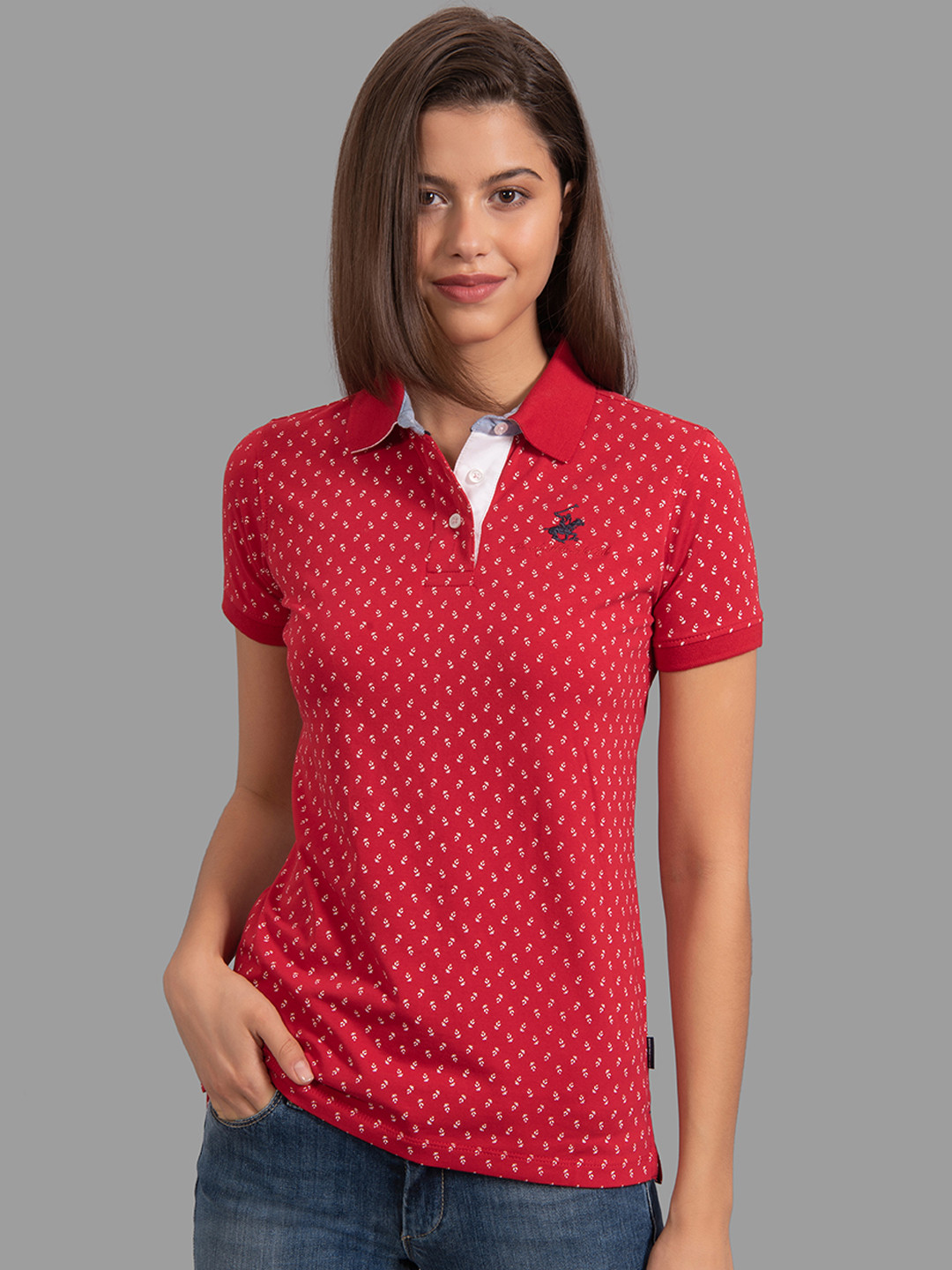 Beverly Hills Polo Club Women Red Tulips Printed Polo Collar T-shirt