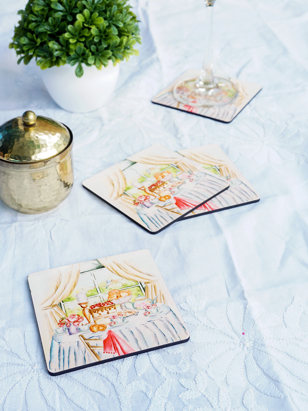 KOLOROBIA Set of 4 Blue & Beige English Tea Party Wooden Square Coasters