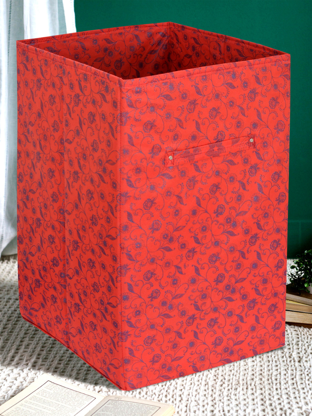 Kuber Industries Red & Blue Metalic Floral Print Foldable Laundry Bag