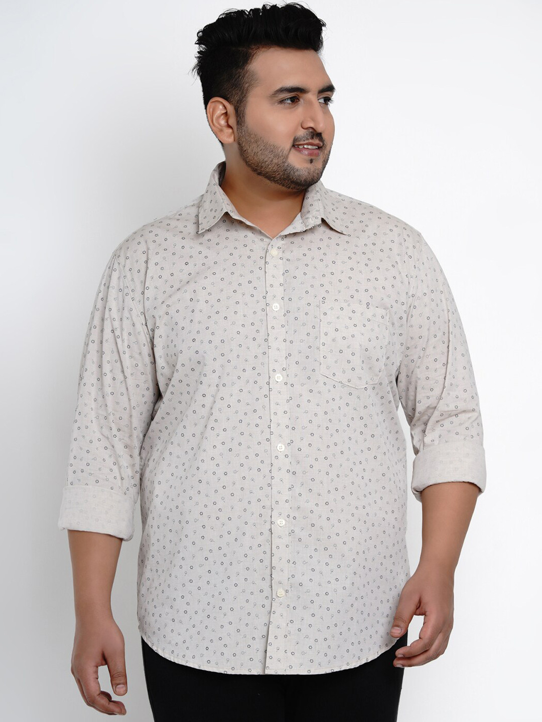 John Pride Men Regular Fit Long Sleeves Spread Collar Beige Cotton Casual Shirts