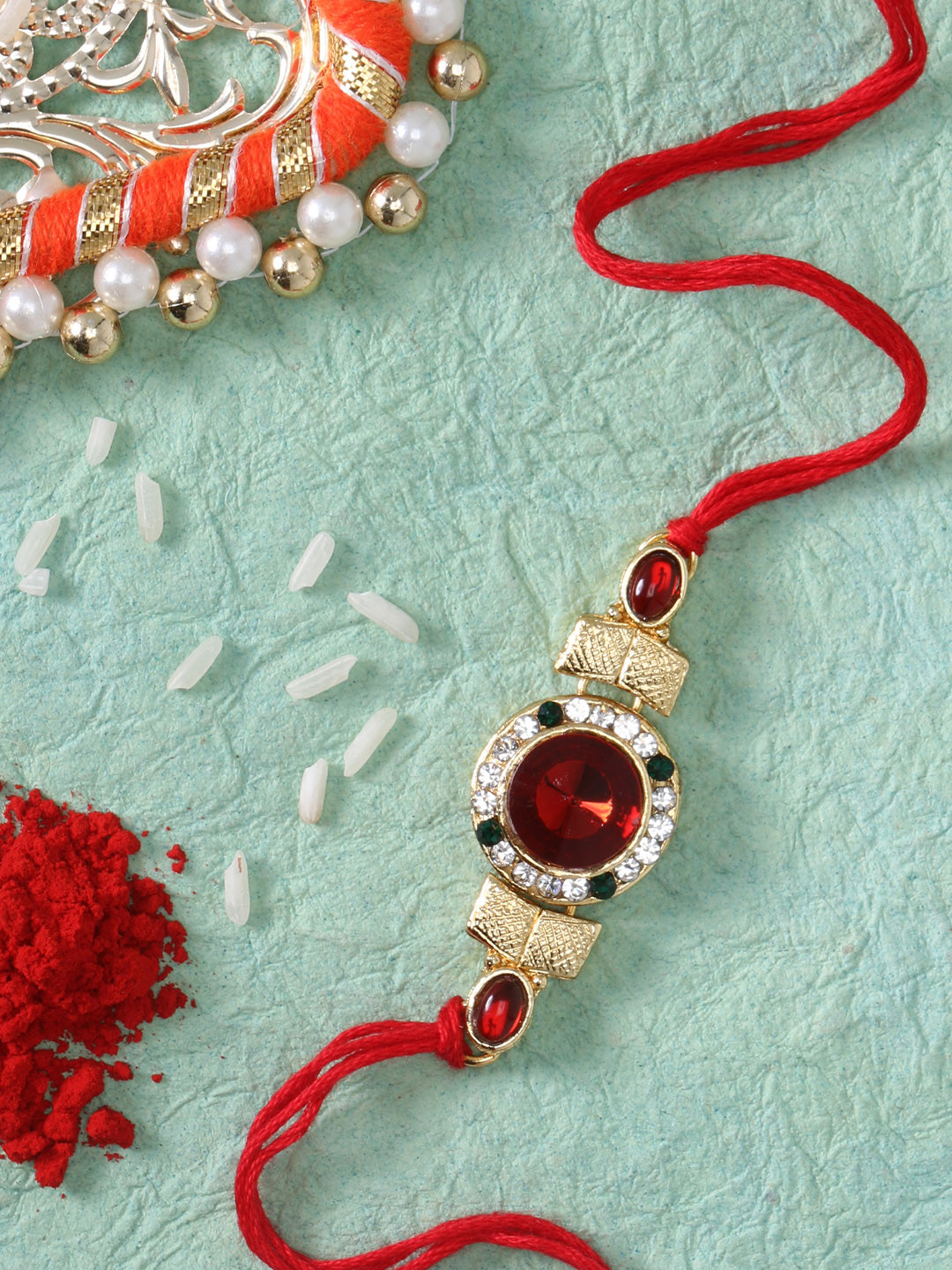 LIVE EVIL Men Gold & Red Alloy Gold-Plated Handcrafted Wraparound Rakhi with Greeting Card