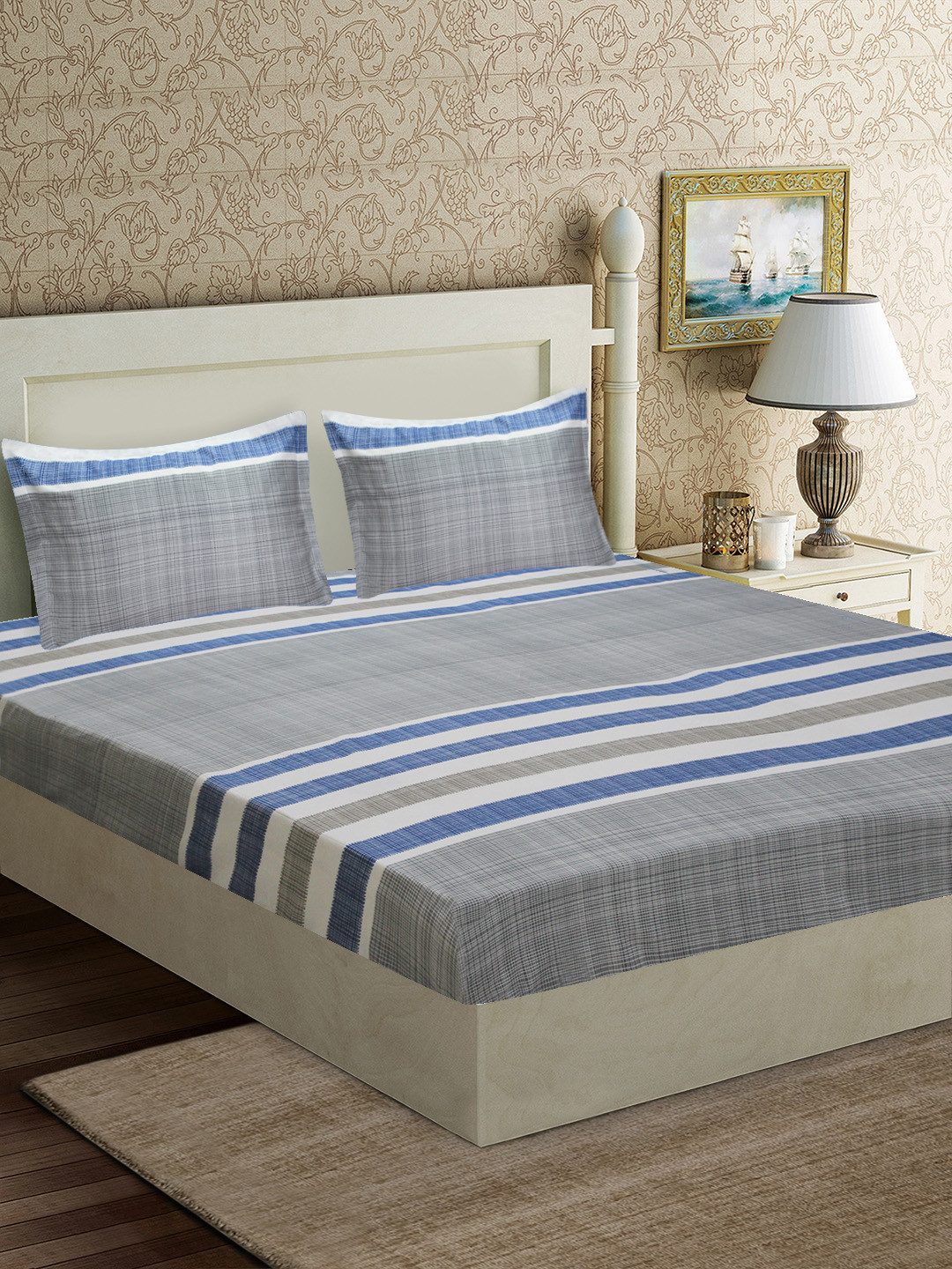 Good Homes by Home Candy Grey & White Striped 152 TC Polyester 1 Queen Bedsheet with 2 Pillow Covers
