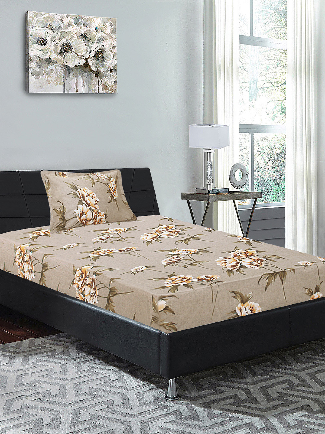 Good Homes by Home Candy Grey & Olive Green Floral 144 TC Cotton Bedsheet & Pillow Cover
