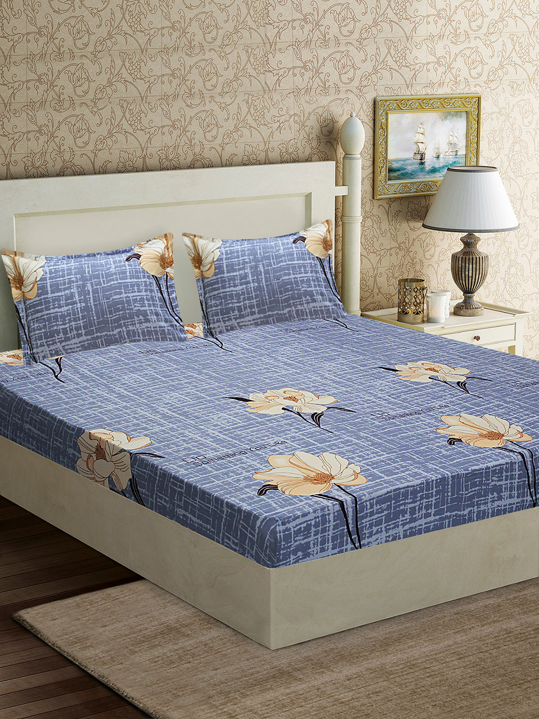 Good Homes by Home Candy Blue & Beige Floral 1 Queen Bedsheet with 2 Pillow Covers