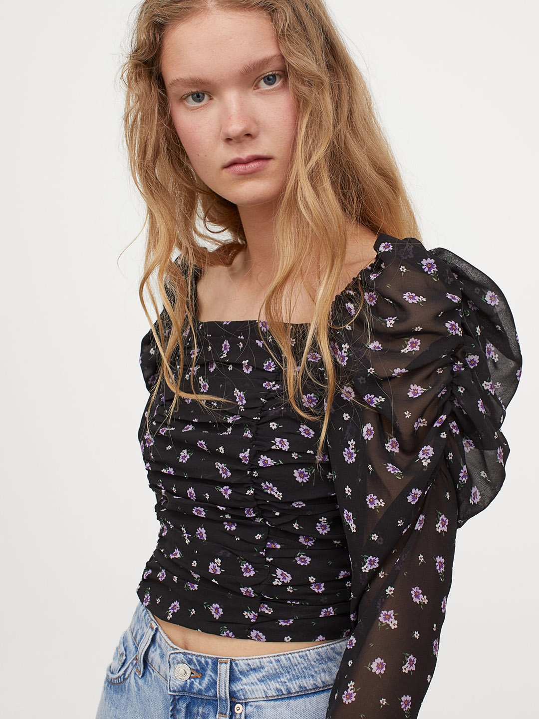 Buy H M Women Black Printed Puff Sleeved Top Tops for Women
