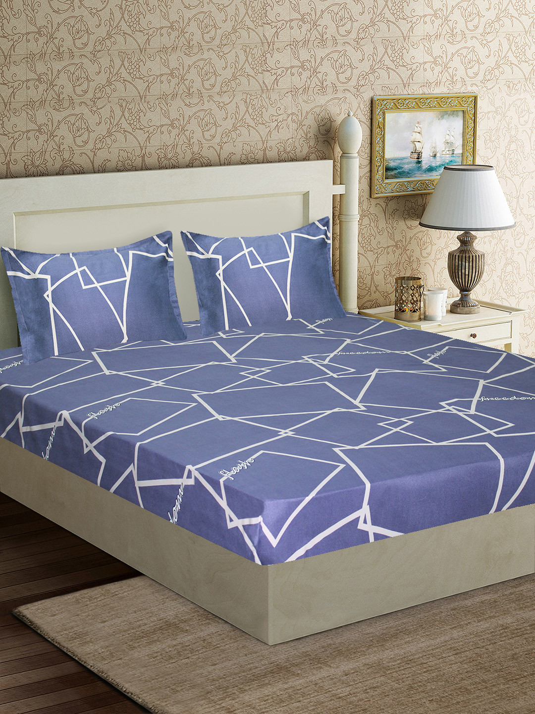 Good Homes by Home Candy Blue & White Geometric 1 Queen Bedsheet with 2 Pillow Covers