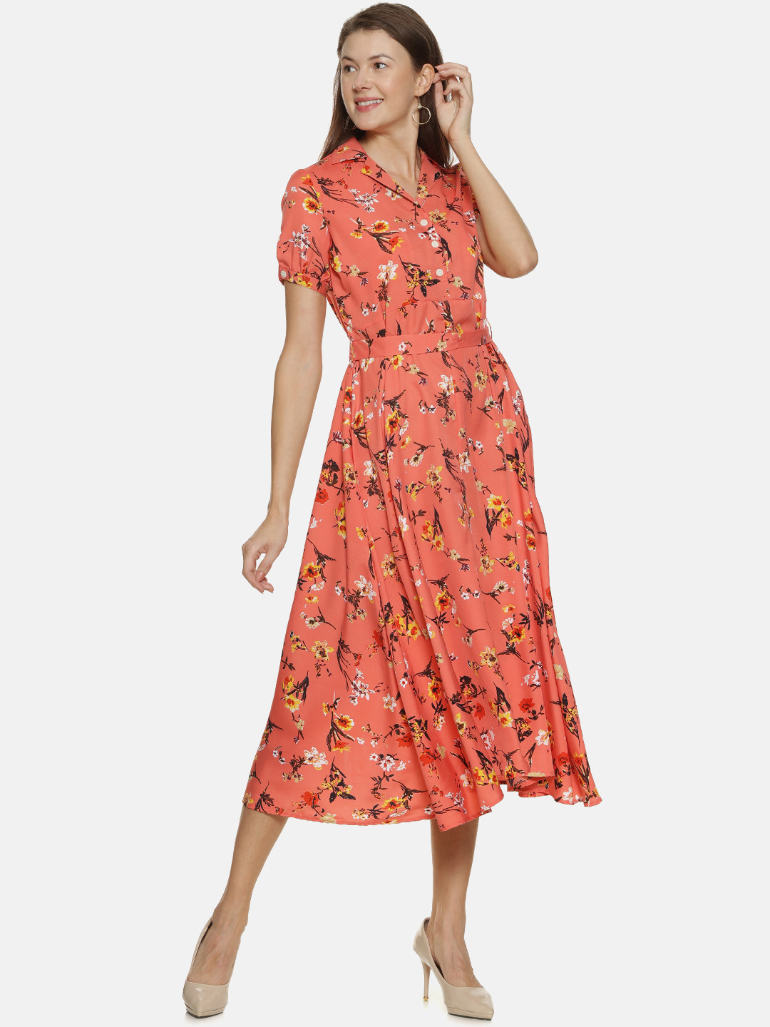 Campus Sutra Women Orange & Yellow Floral Print Shirt Dress