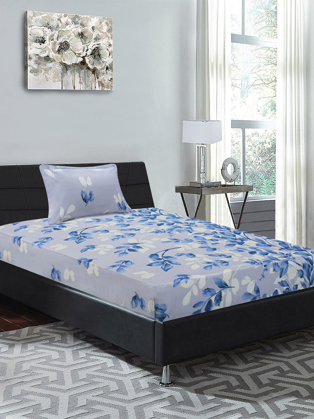 Good Homes by Home Candy Blue & Off-White 144 TC 1 Single Bedsheet with 1 Pillow Cover