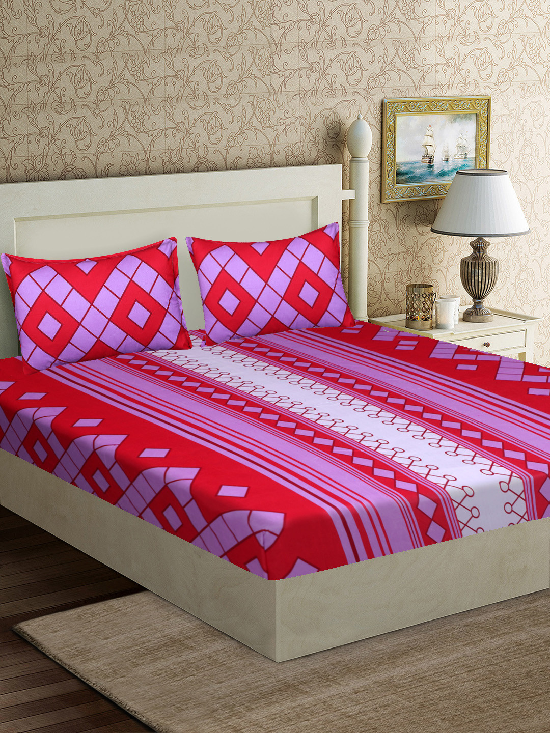 Good Homes by Home Candy Red Geometric Polyester 152 TC Queen Bedsheet with 2 Pillow Covers-18 x 27 inches