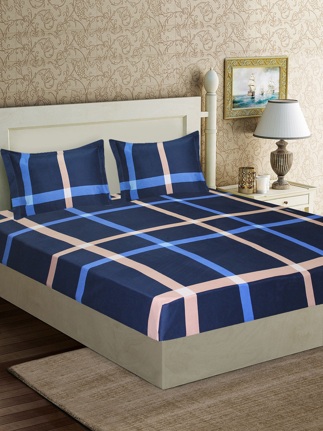 Good Homes by Home Candy Navy Blue & Beige Geometric 152 TC Polyester 1 Queen Bedsheet with 2 Pillow Covers