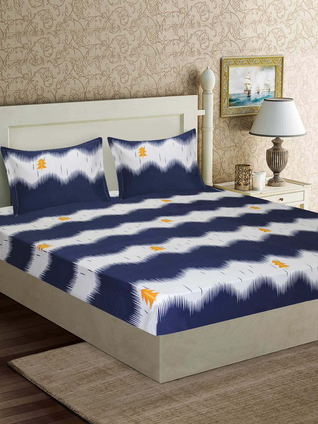 Good Homes by Home Candy Navy Blue Abstract Polyester 152 TC Queen Superfine Bedsheet with 2 Pillow Covers-87 x 94 inches