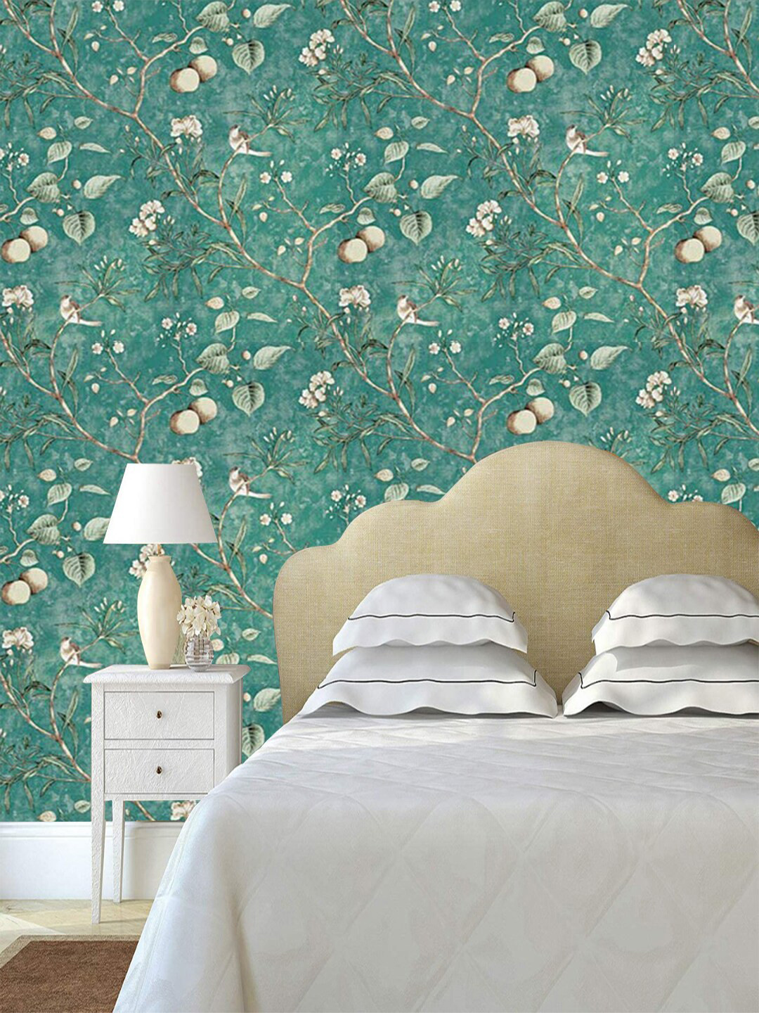 Jaamso Royals Green & Cream-Coloured Vintage Flower Self-Adhesive Peel & Stick Wallpaper