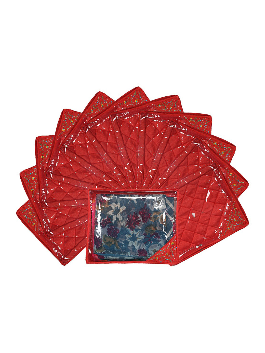 Kuber Industries Set Of 12 Red Solid Single Packing Saree Cover Organizer