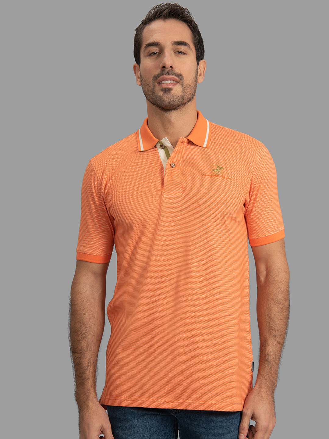 Beverly Hills Polo Club Men Orange Self Design Polo Collar T-shirt