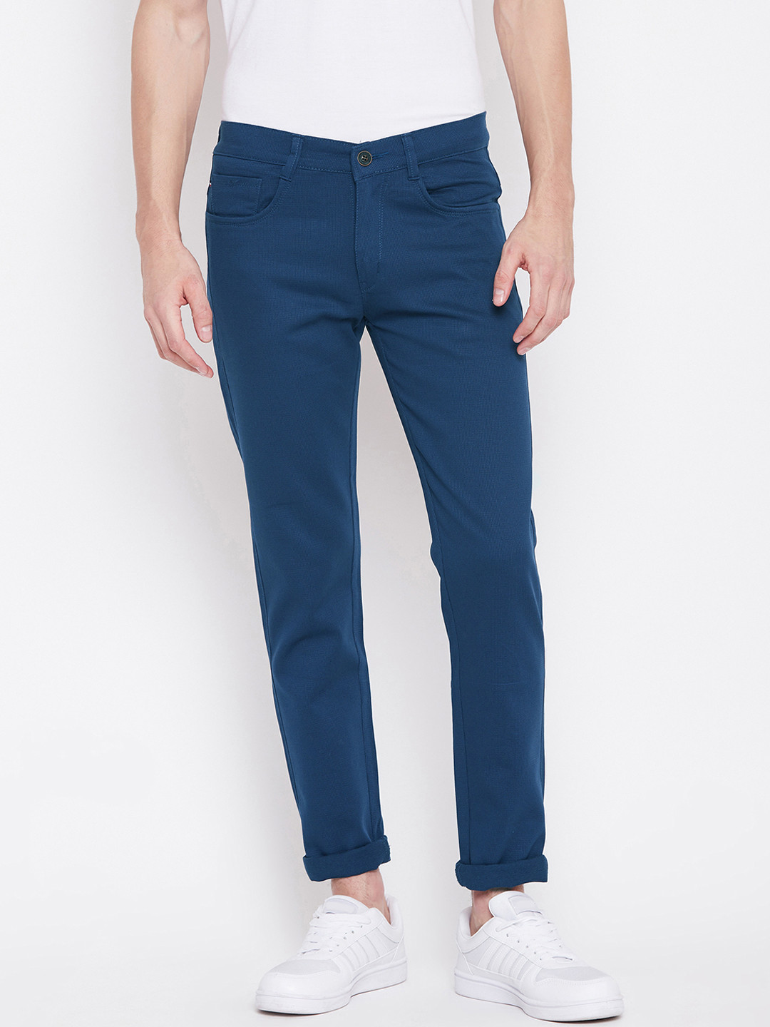 Nation Polo Club Men Blue Slim Fit Self Design Regular Trousers