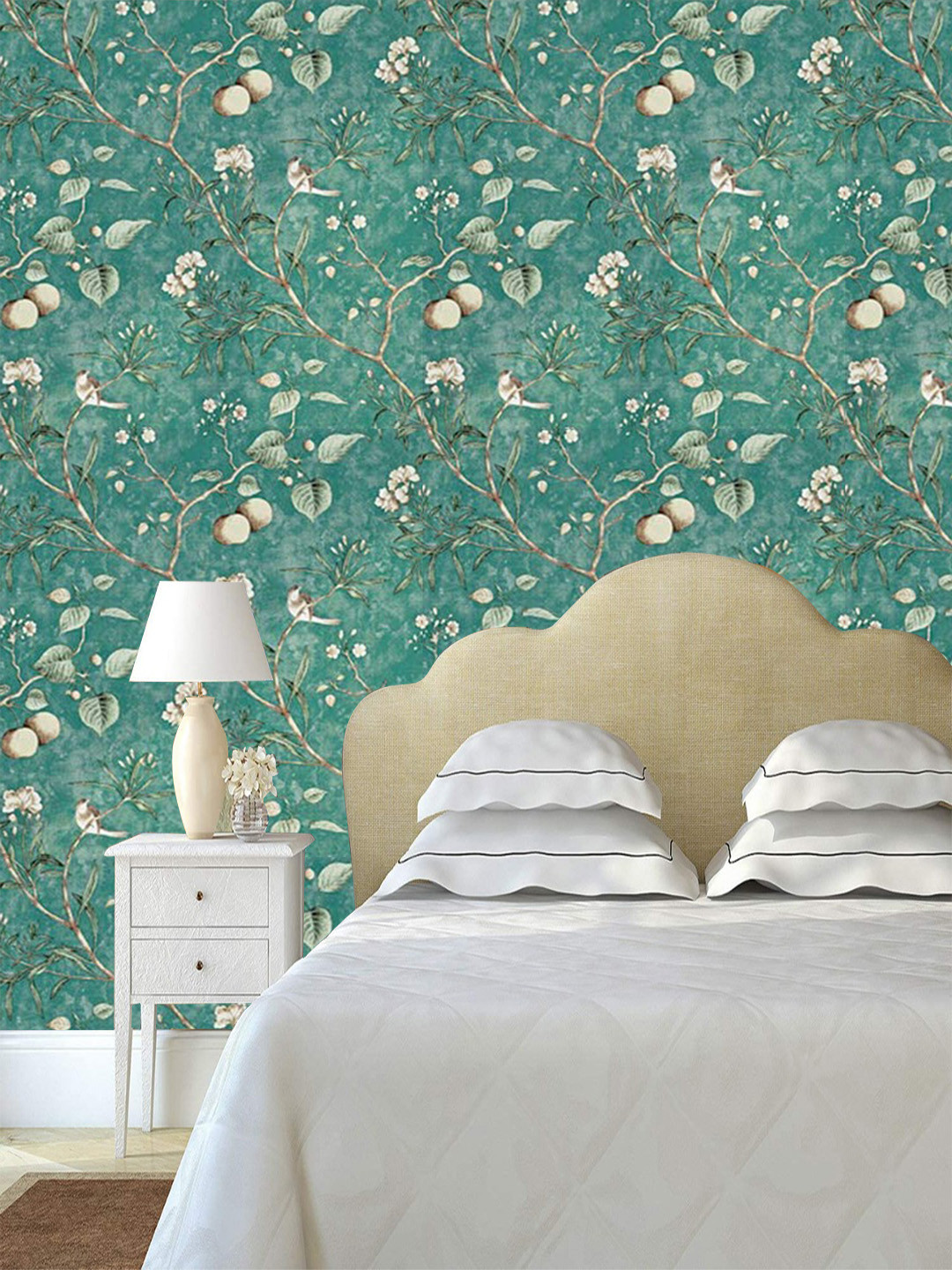 Jaamso Royals Green And Gold Vintage Flower Trees Birds Self Adhesive Wallpaper 200X45