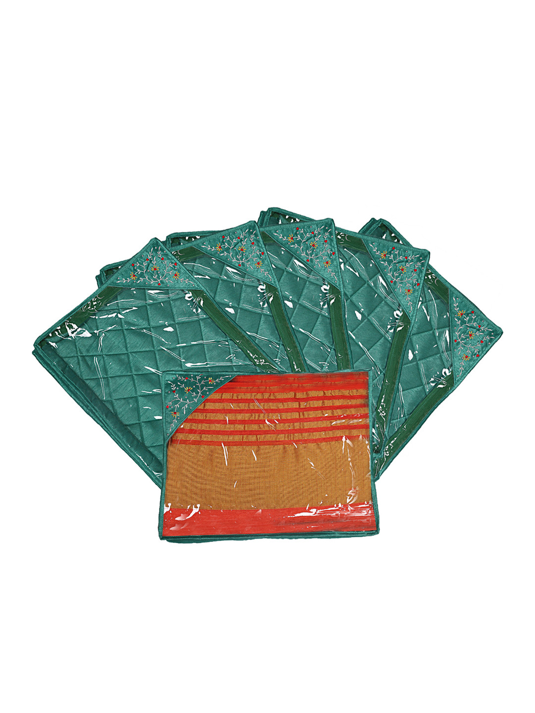 Kuber Industries Set Of 6 Green Solid Single Packing Saree Cover Organizer