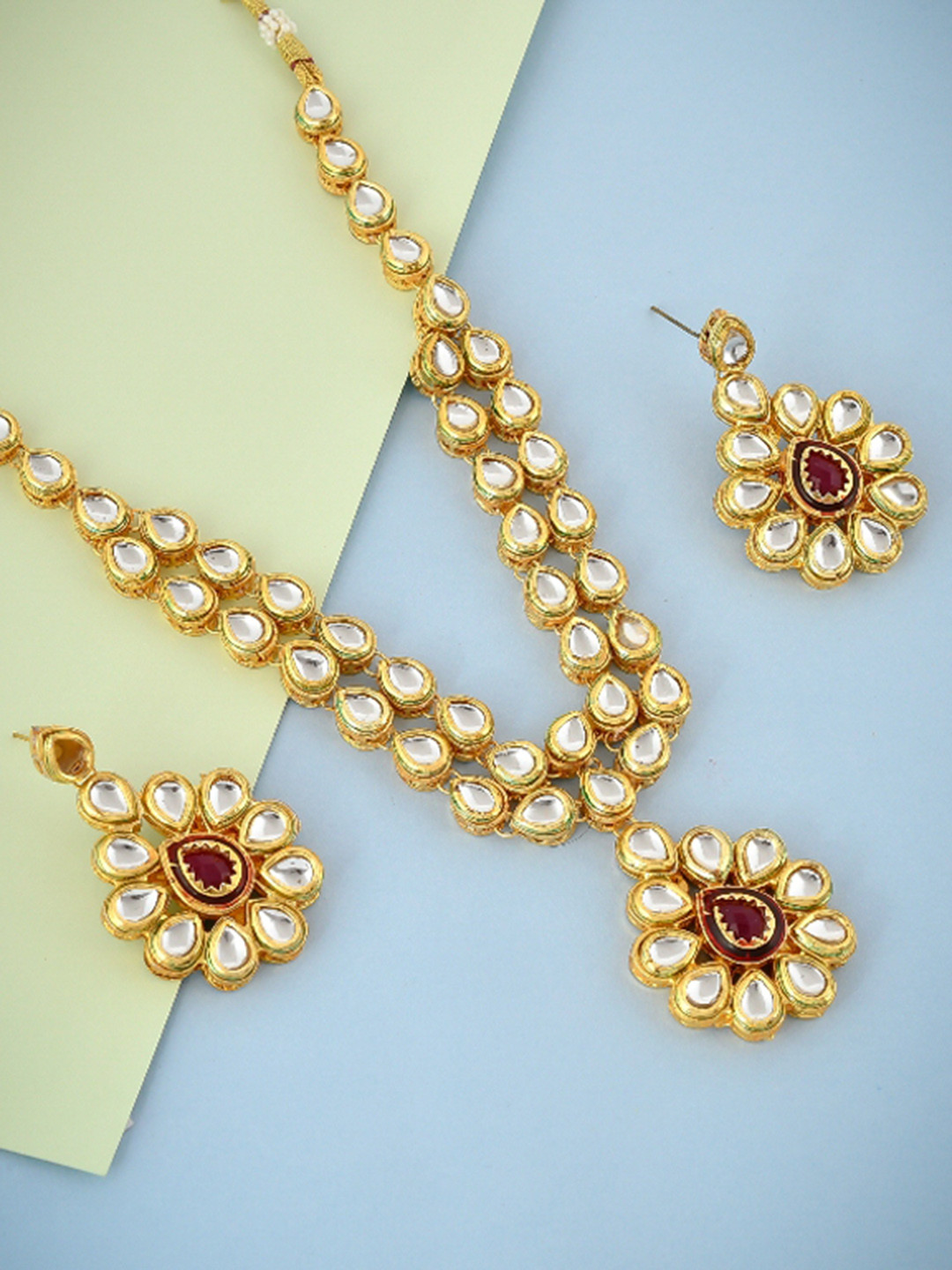 Silvermerc Designs Gold-Plated White & Red Kundan-Studded Jadau Jewellery Set