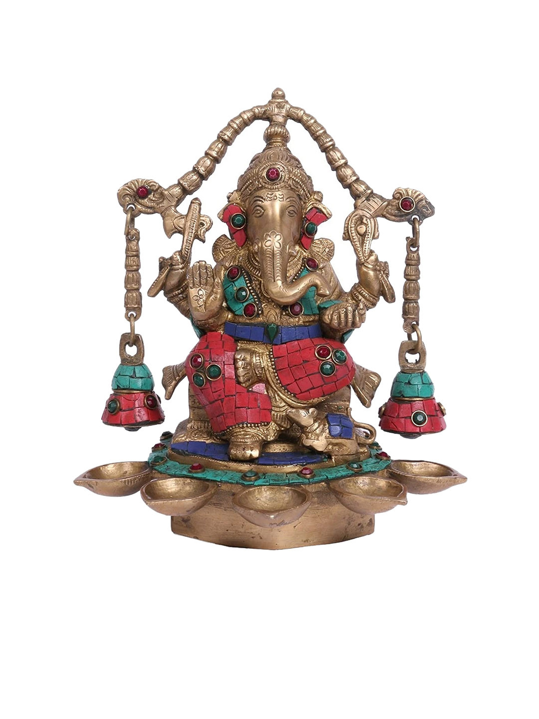 CraftVatika Ganesh Gold Brass Metallic Living Room Lights Medium Showpiece - 10 Inches