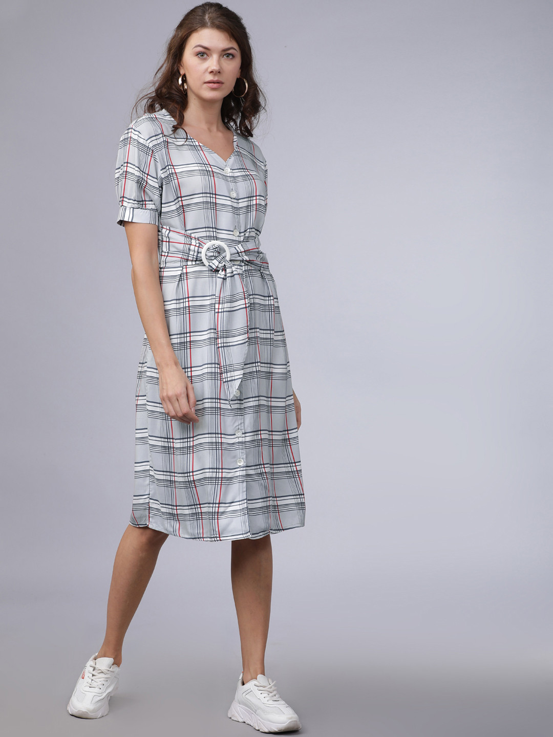 Tokyo Talkies Women Grey & Black Checked Fit and Flare Dress