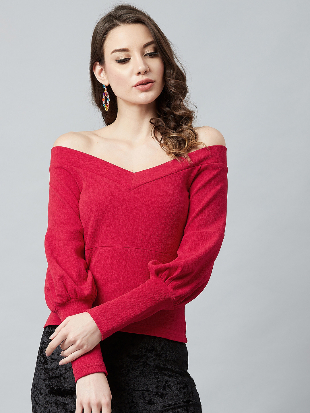 Athena Red V-Neck Bardot Top