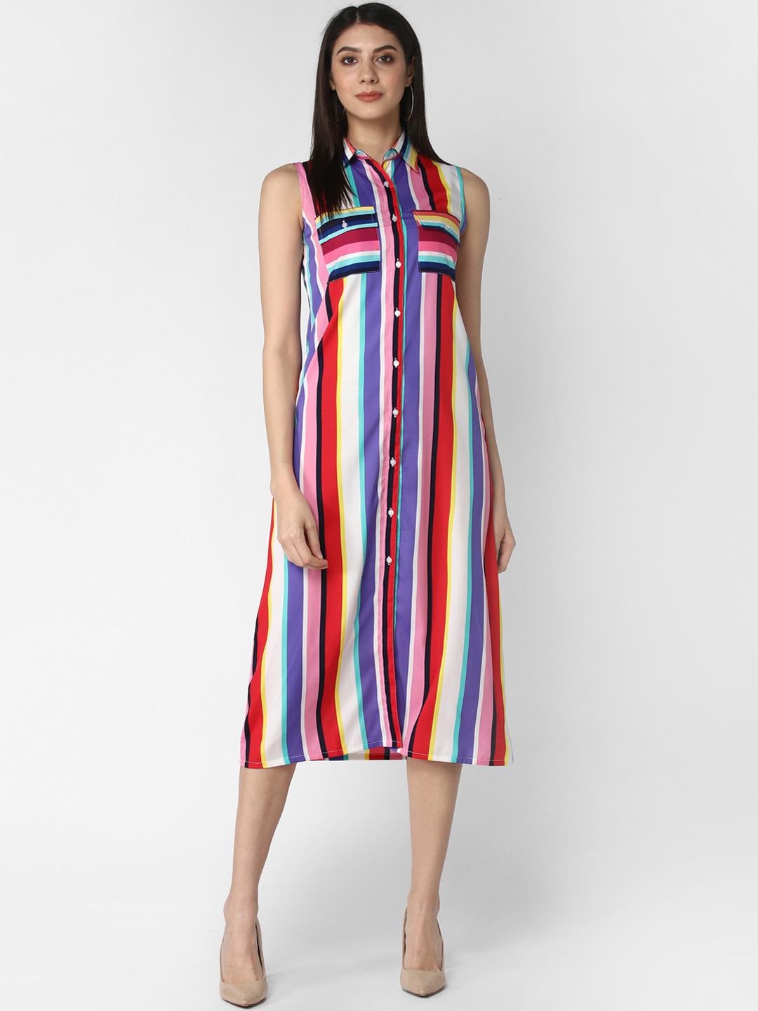 StyleStone Women White & Red Striped Midi Shirt Dress