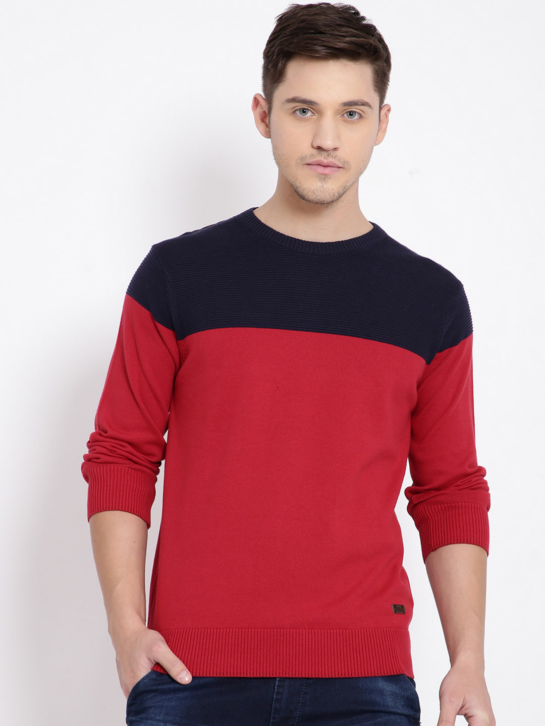 t-base Men Red & Navy Blue Colourblocked Pullover Sweater