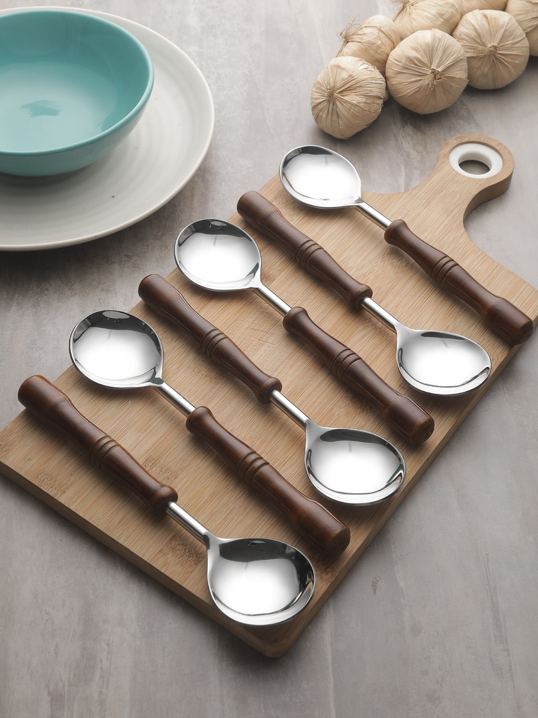 VarEesha Set Of 6 Brown Printed Stainless Steel Hand-Painted Round Serving Spoons