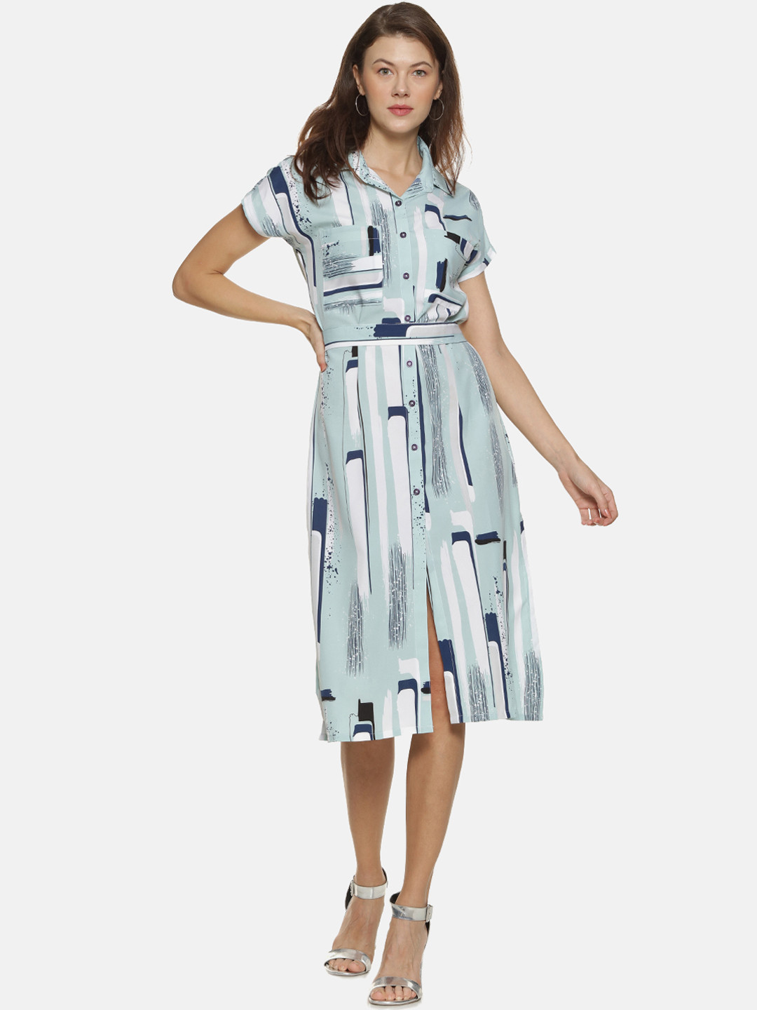Campus Sutra Women Powder Blue & Navy Blue Printed Shirt Dress