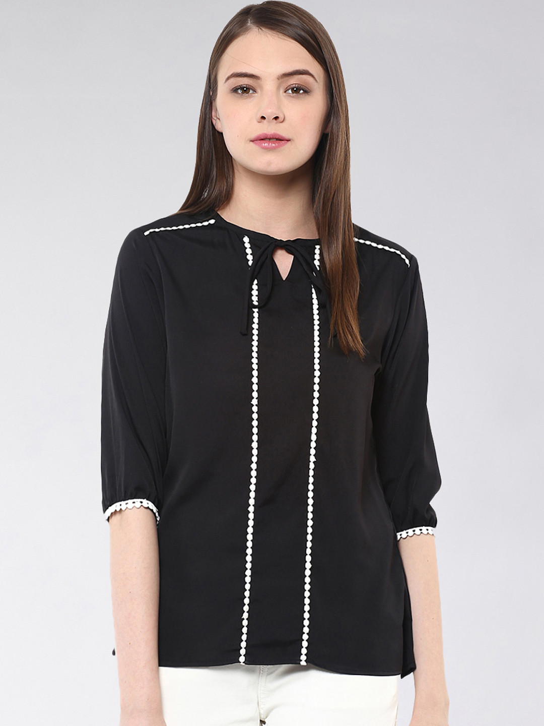 Miss Chase Women Black Solid Edge Of Desire Lace Top