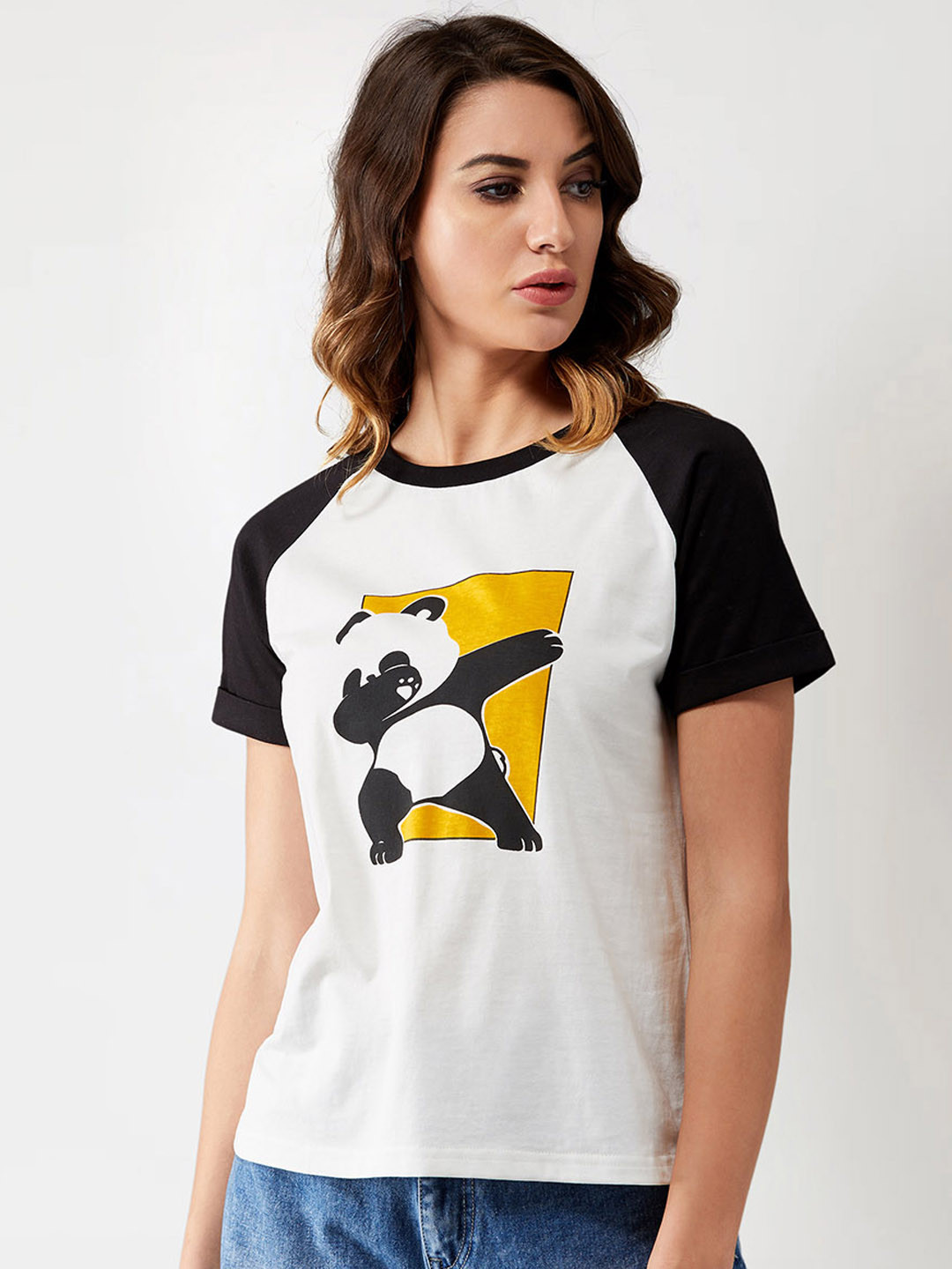 Miss Chase Women White  Black Panda Printed Round Neck Pure Cotton T-shirt