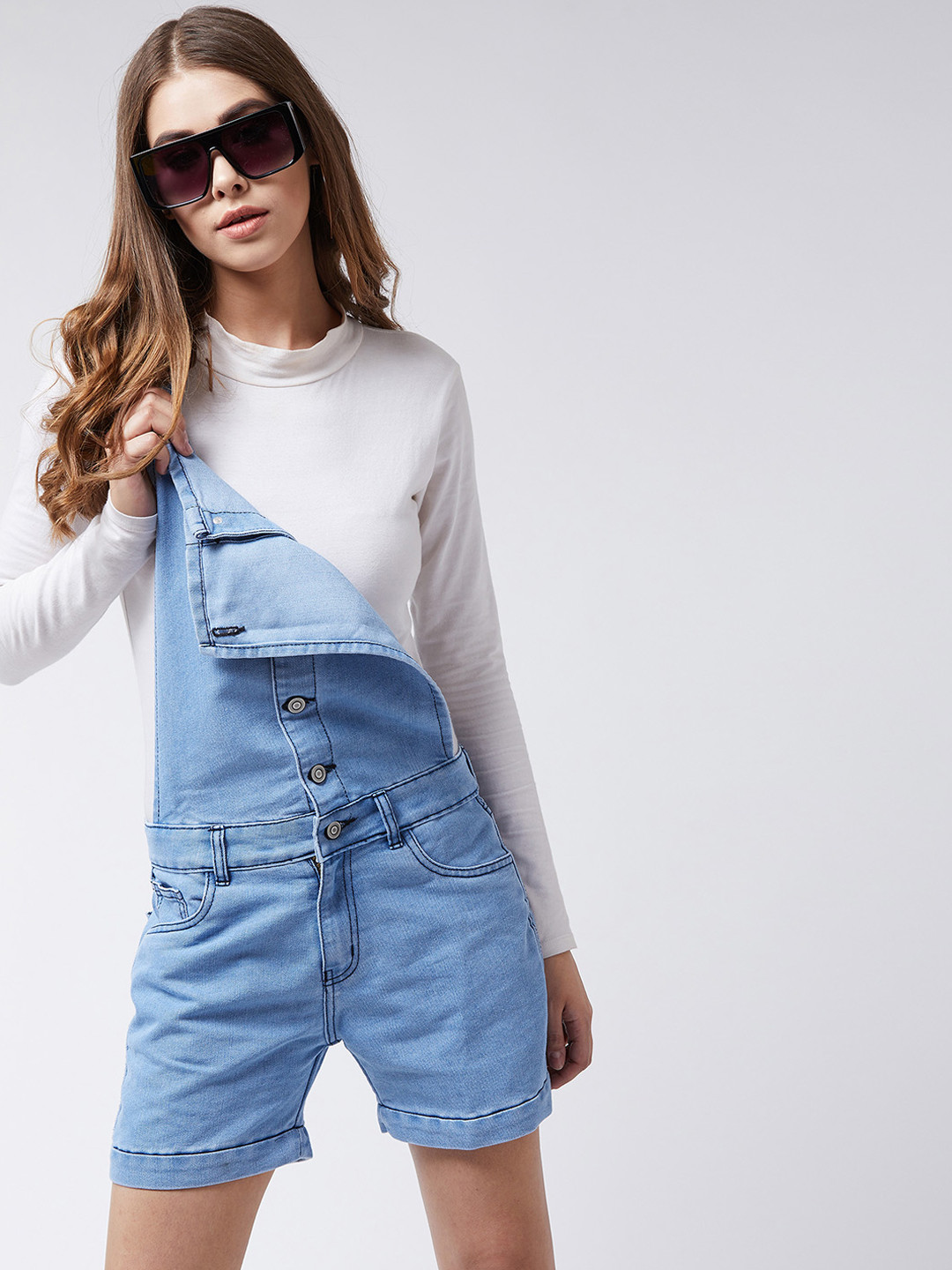 Miss Chase Women Blue Solid Denim Dungarees