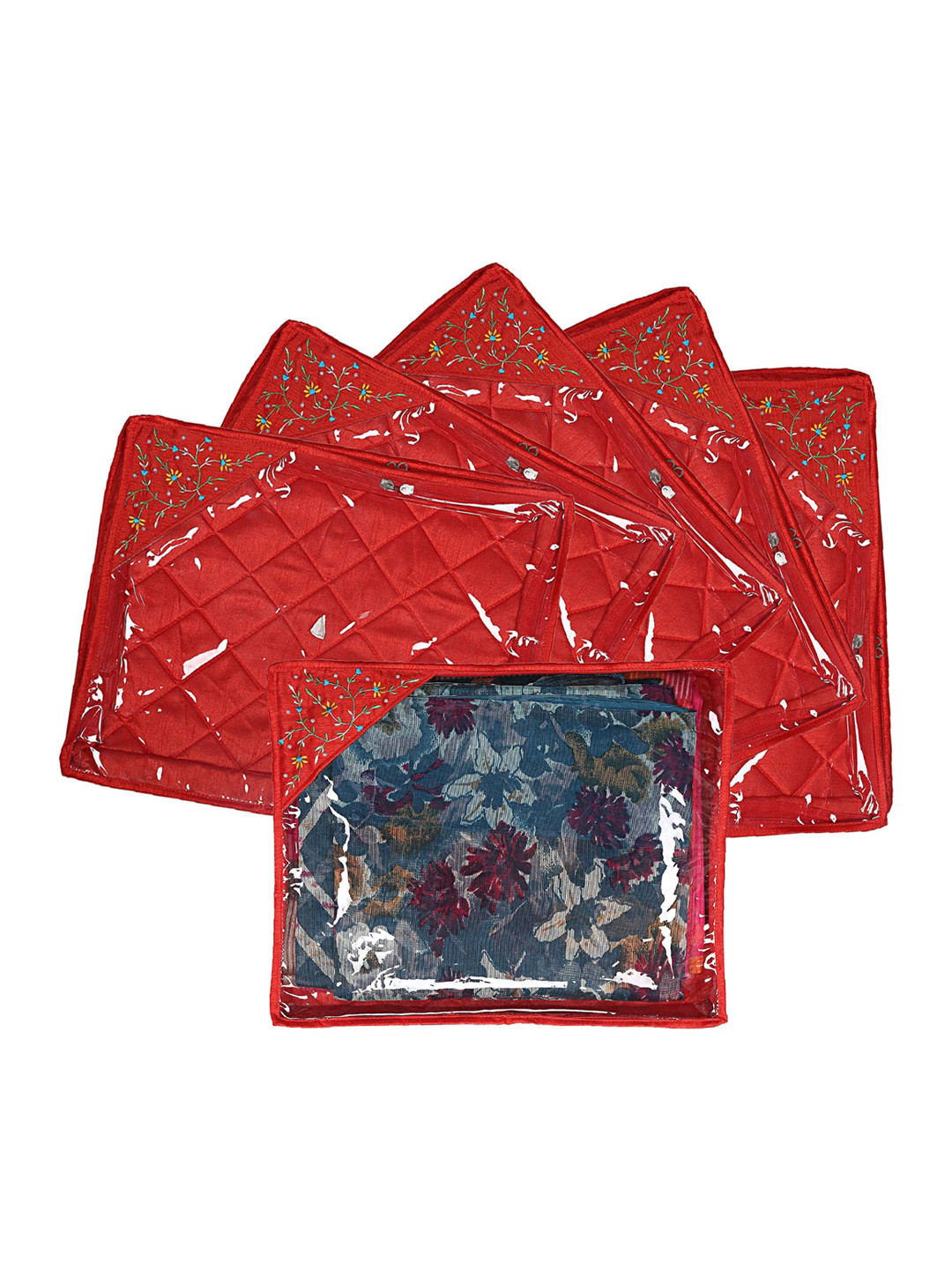 Kuber Industries Set Of 6 Red Silk Solid Saree Cover Organizers