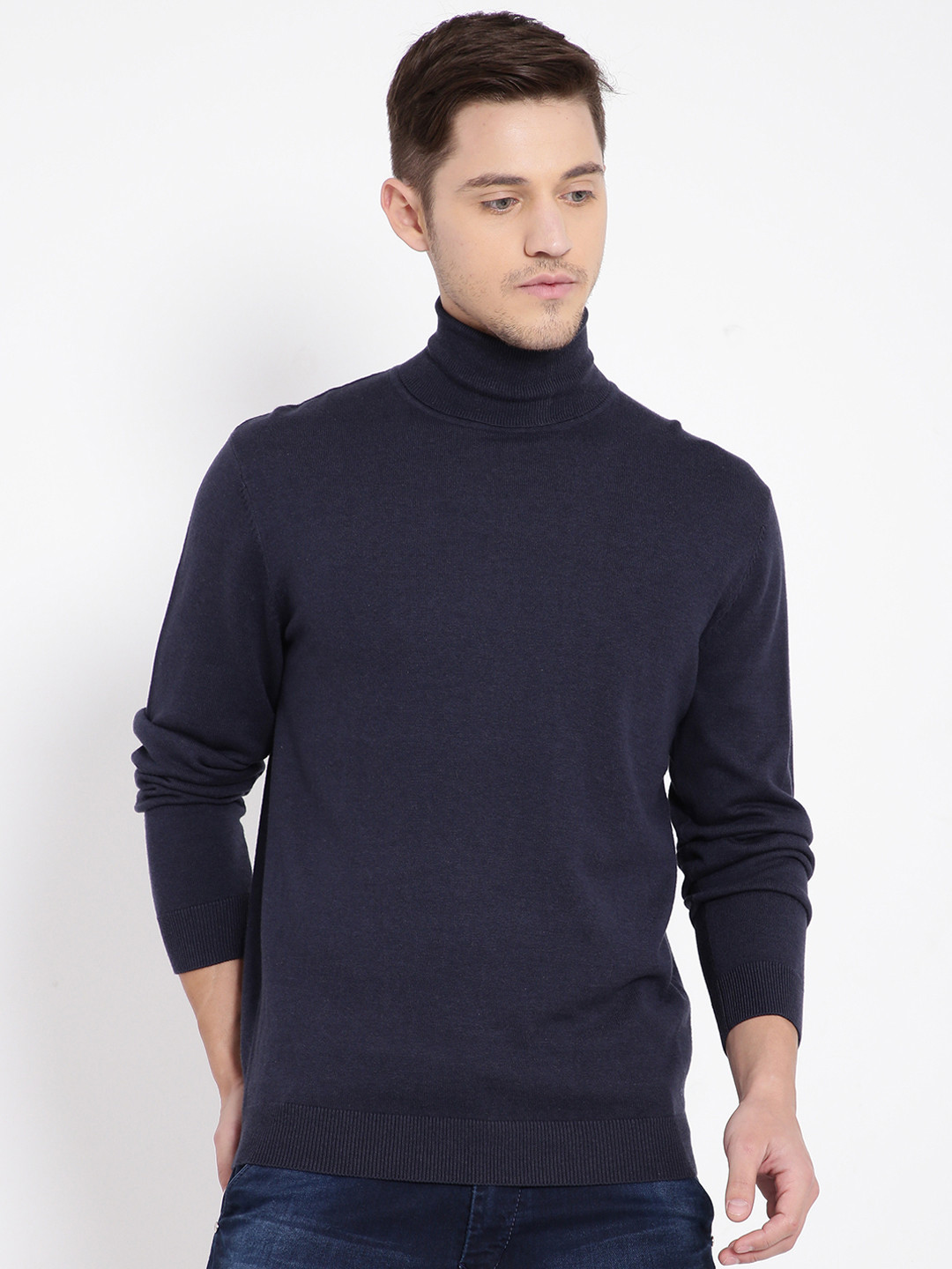 t-base Men Navy Blue Solid Pullover Sweater
