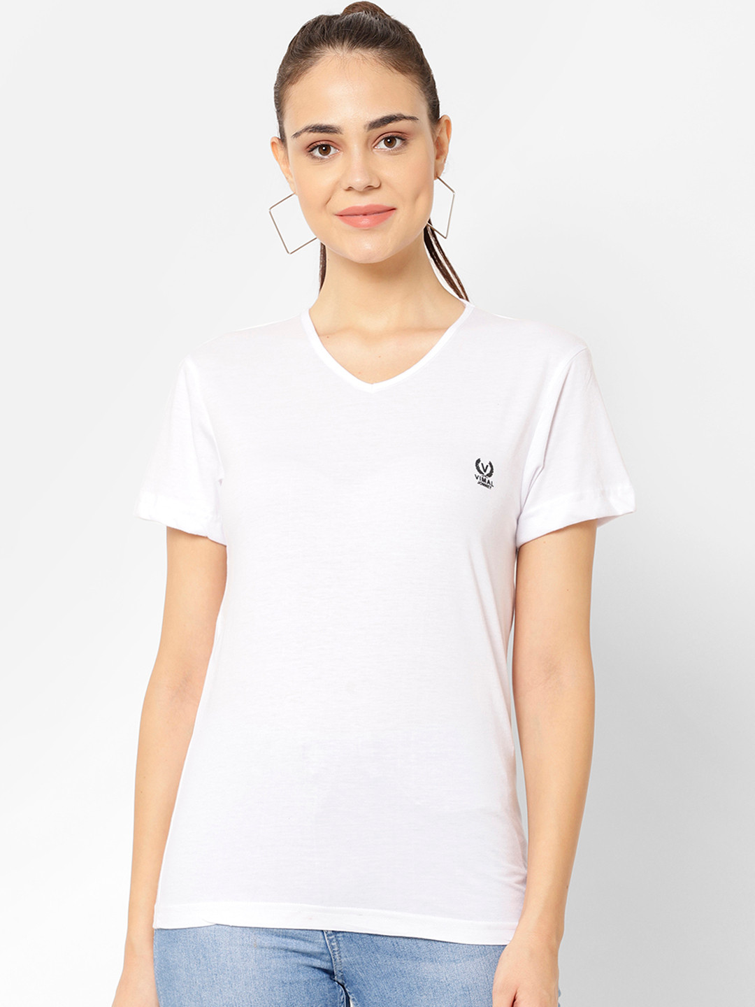 MACK JONNEY Women White Solid V-Neck T-shirt