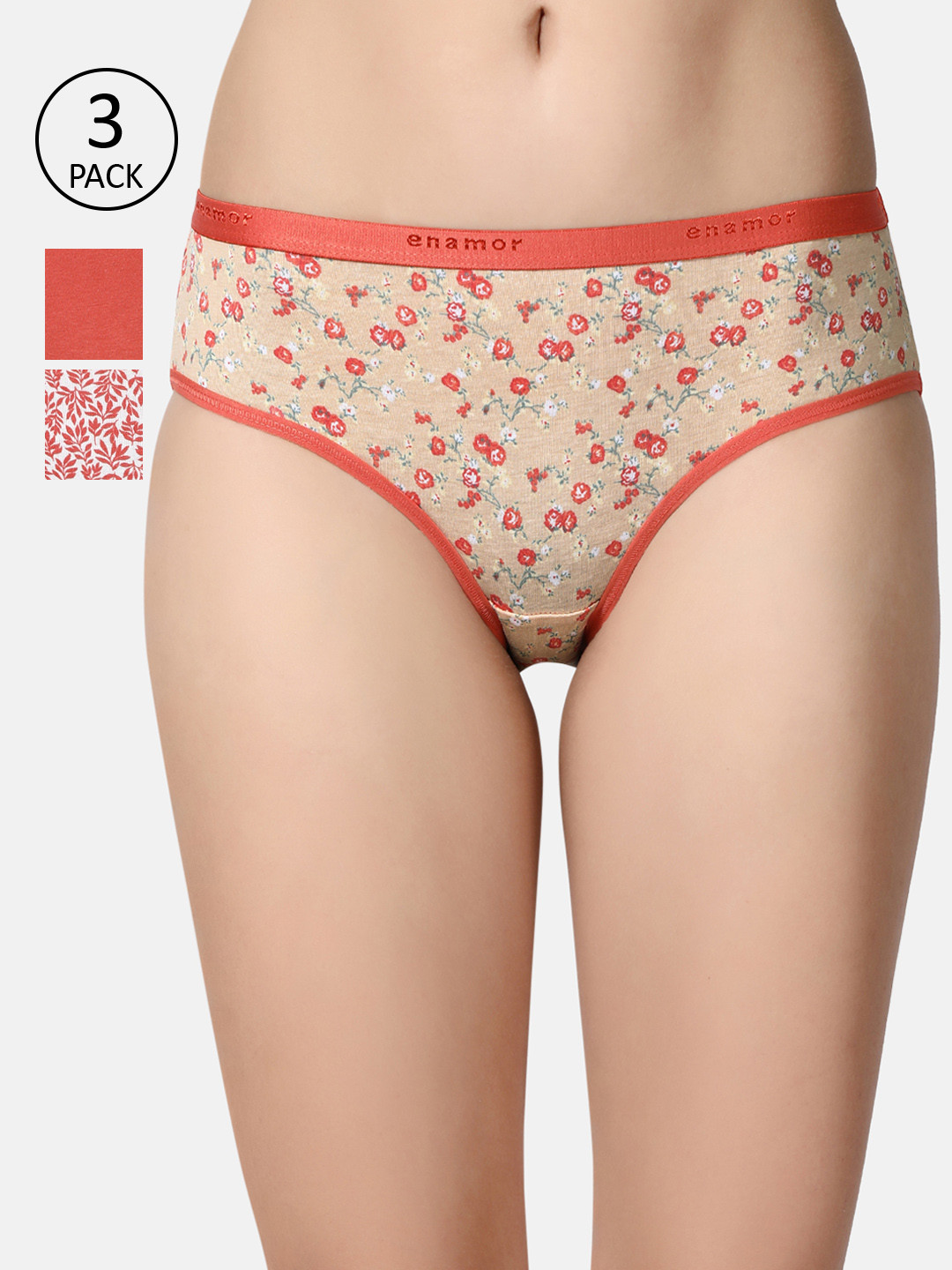 Enamor Women Pack of 3 Assorted Mid Waist Full Coverage Cotton Antimicrobial Briefs-CR02
