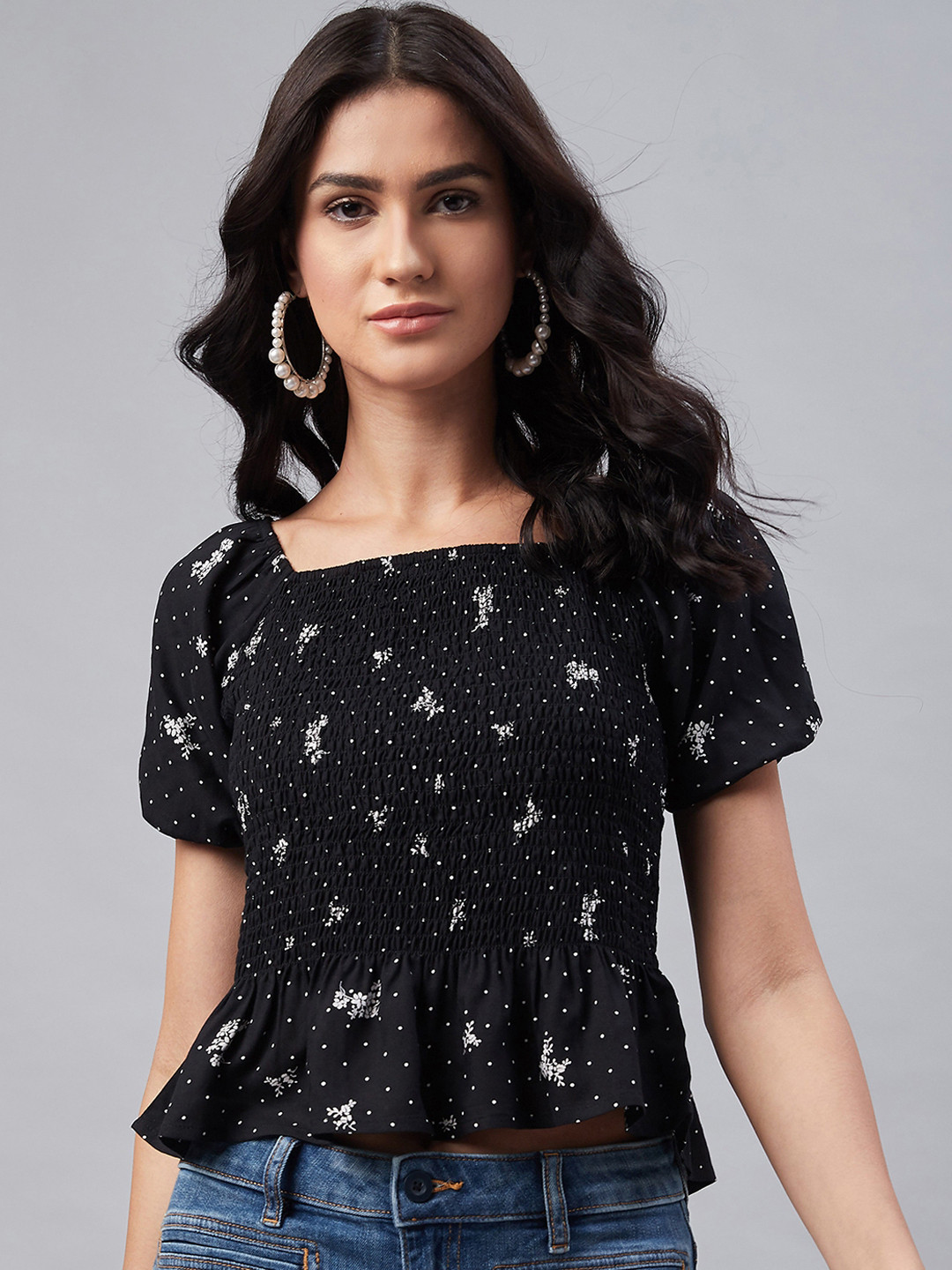 Marie Claire Women Black Printed Peplum Top