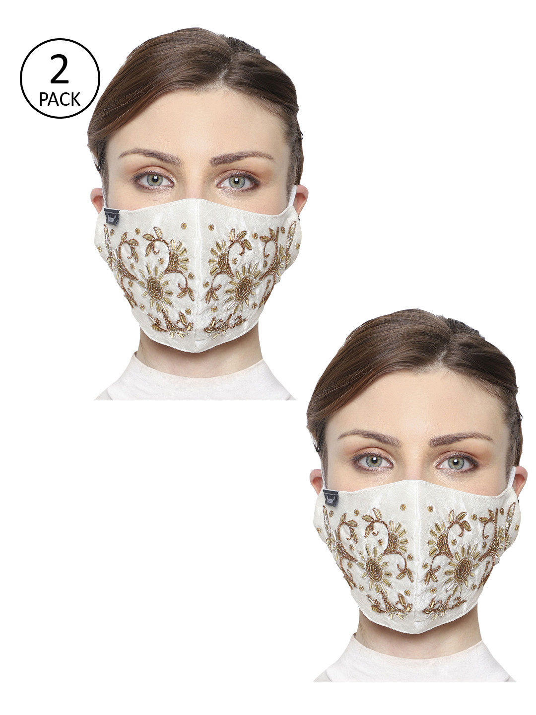 Anekaant Women Pack of 2 White & Gold-Toned 3-Ply Art Silk Embellished Cloth Masks